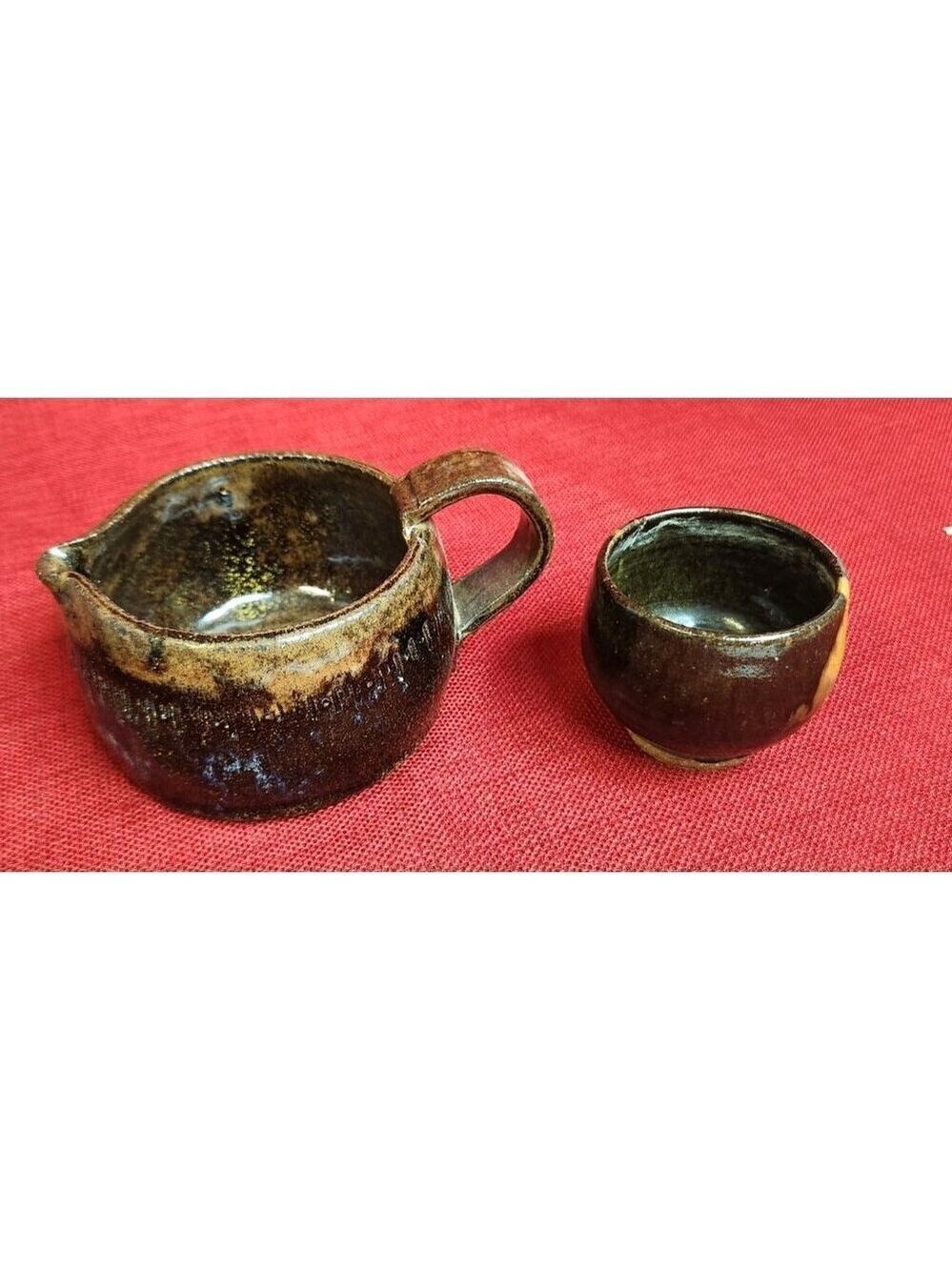Vintage Ceramic Creamer Pitcher & Small Cup Set, Coffee Bar, Unique Pottery, 198